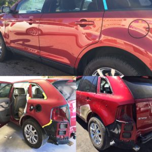 Red Car with collision damage, then repaired